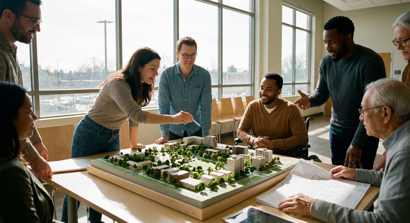 réunion de concertation citoyenne autour d'une table avec une maquette de quartier urbain