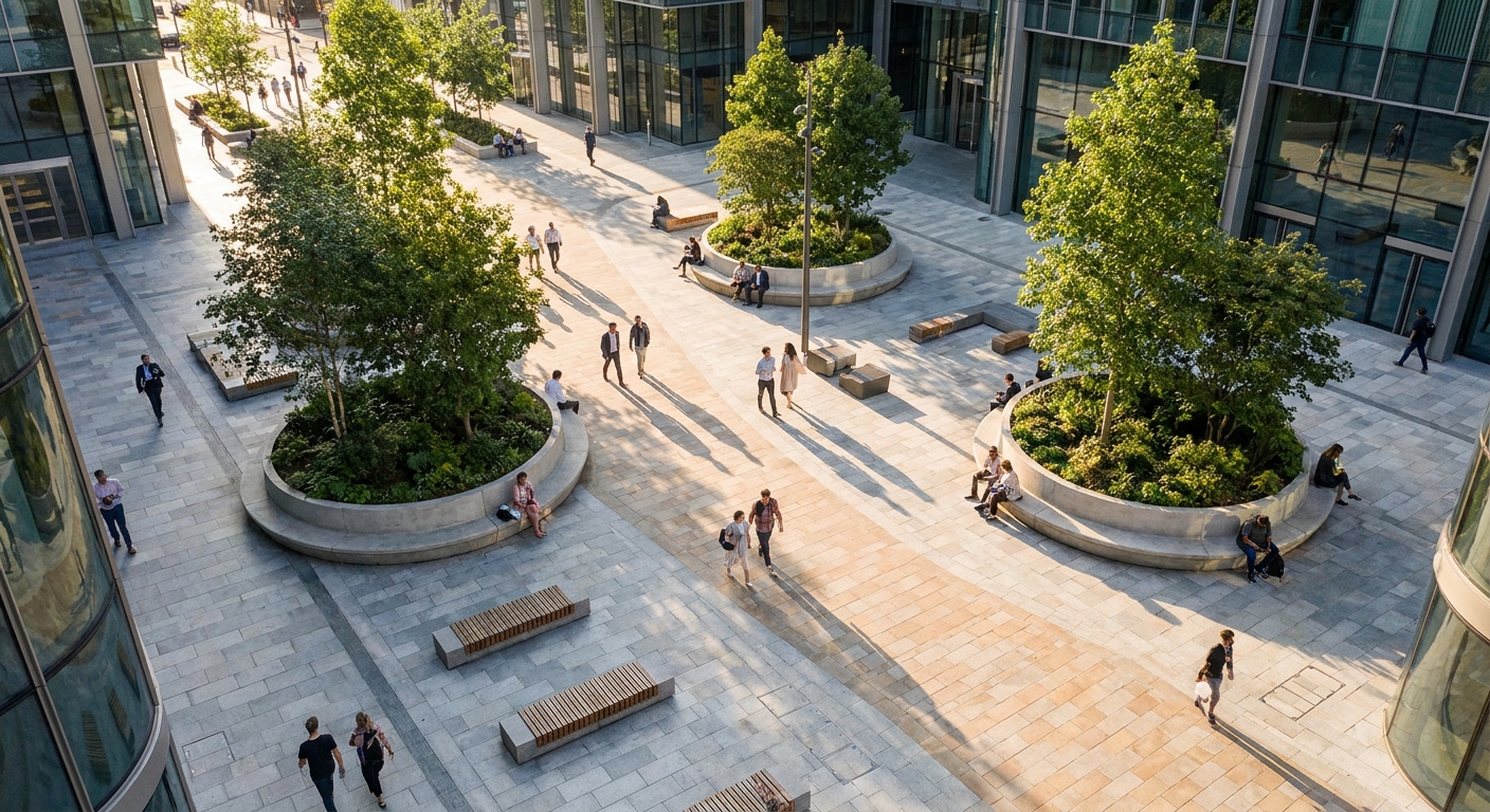 vue aérienne d'une place publique réaménagée avec mobilier urbain, végétation et zones piétonnes